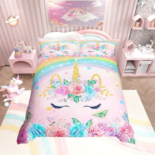 Loussiesd Girls Unicorn Rose Bedding Set Kids Rose Floral Flower Rainbow Comforter Cover Teens Glitter Garden Flower Bed Cover Romantic Pink Purple 3Pcs Double
