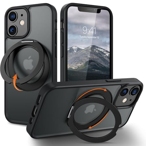VENINGO for iPhone 12 Mini Case, for iPhone 13 Mini Phone Case, Compatible with MagSafe 360° Rotatable Kickstand Ring Holder Translucent Shockproof Slim Military Grade Protection Cover,Black