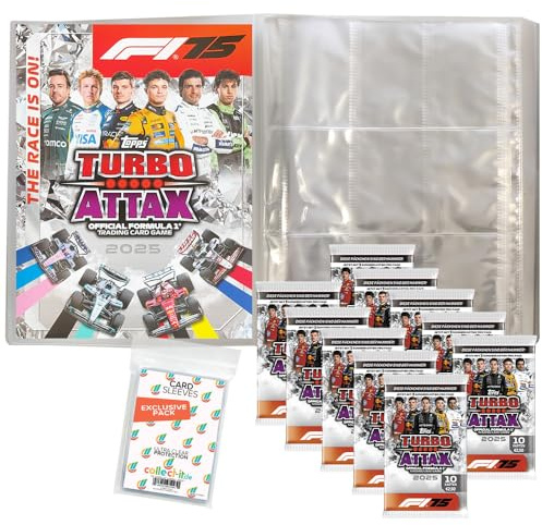 Bundle mit Topps - Turbo Attax Formel 1 2025 - Trading Cards - 1 Leere Sammelmappe + 10 Booster + Exklusive Collect-it Hüllen