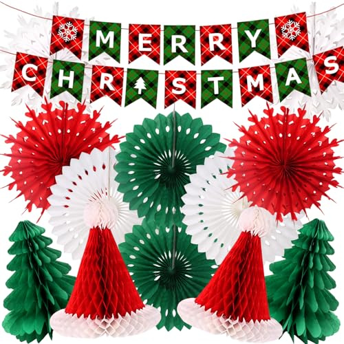 Vookkp 13 Stück Weihnachtsdeko Papier Christbaumschmuck Papier Weihnachtsschmuck Pompons Deko Weihnachtsmütze + Schneeflocke + Weihnachtsbaum + Wimpelkette zum Aufhängen Weihnachtsdeko Innen