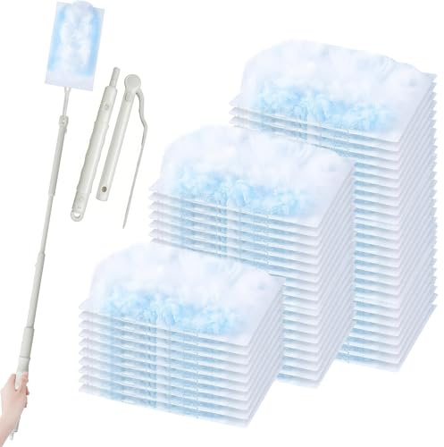 50 Stück Staubmagnet Staubwedel, Staubwischer Antistatisch mit 1 Teleskopstange, Einweg Duster Nachfüllpack für Entfernen von Tierhaaren, Staub und Schmutz