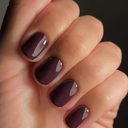 Viugex 24Pcs Faux Ongles Courts Carrés, Français Violet Foncé Press on Nails, Couleur Pure Acrylique Ongles à Coller avec Autocollants Adhesif, Naturel Réutilisable Ongles à Presser pour Femmes Filles