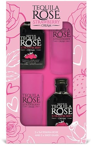Tequila Rose 2 x 5cl (15% ABV) with Pink Frosted Branded Shot Glasses. Gift Pack for Christmas and Birthdays by Blue Tree Gifts.