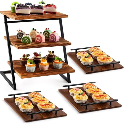Roowest Set of 4 Cupcake Stand for 180 Cupcakes, 3 Tier Wooden Cup Cake Stand Stepped Large Dessert Riserstable Display Set with Metal Frame, Tiered Serving Trays for Party Vendor Farmhouse Decor