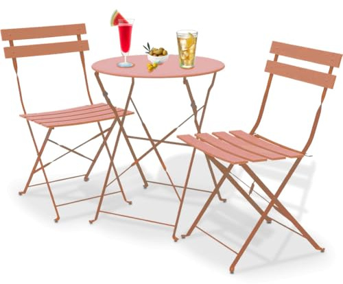 Shally Dogan Set 3 Pezzi da Giardino Pieghevole Modello Parigi, Tavolo con 2 Sedie in Acciaio, Mobili Salvaspazio per Bistrot, Balcone, Patio, Terrazza, Esterno, Bar Doppio (Pesca)