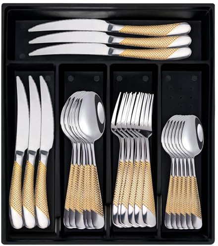 24-Piece Flatware Set with Organizer,Heavy Duty Stainless Steel Silverware for 6,Pink Cutlery Utensil Sets with Antiskid Handle，Rust-Proof Stainless Steel Cutlery, Mirror Polished (Gold-Silver)