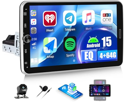 OiLiehu 4G+64G Android 15 Radio Coche 1 DIN CarPlay Inalámbrico Android Auto Pantalla Rotativa Ajustable Ángulo de 10.1 IPS con GPS WiFi Bluetooth Mirror Link FM RDS SWC USB EQ Cámara de Marcha Atrás