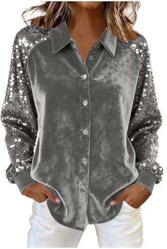 Damen Pailletten Bluse Elegant Button Down Glitzer Langarmshirt Sexy V-Ausschnitt Langärm Pailletten Oberteil mit Knöpfen Bluse Tunika Party Tops Festliches Hemdbluse Große Größen Party Cocktail