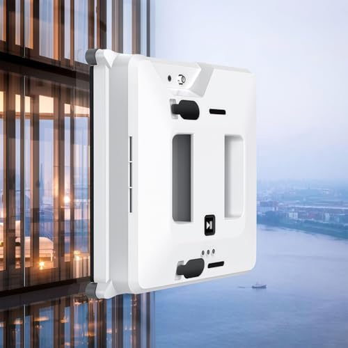 PRMTYUP Robot Lave-Vitres - Aspiration 3000 Pa, Rafale d'eau Automatique, Nettoyage Efficace des Vitres avec TéLéCommande Et CâBle De SéCurité, pour Immeubles De Grande Hauteur,Blanc
