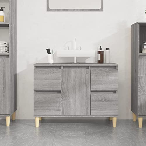 Mobile Base Lavabo Grigio Sonoma con 4 Cassetti e 1 Anta, Struttura in Legno Ingegnerizzato con Gambe in Legno Massello, Mobile Bagno Salvaspazio Moderno, Mobiletto Sotto Lavabo Bagno, 80x33x60 cm