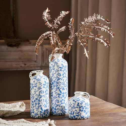 3er Set Keramikvasen, Vintage Blau-Weiße Vase, Florale Chinoiserie Blumenvasen, Rustikale Landhaus Keramik Vasen für Heimdeko, Blaue Vase für Wohnzimmer, Kücheninsel, Bücherregal, Chinoiserie Deko