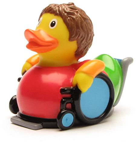 Duckshop Quietscheente Rollstuhlfahrer I Badeente - L: 7,5 cm - inkl. Badeenten-Schlüsselanhänger