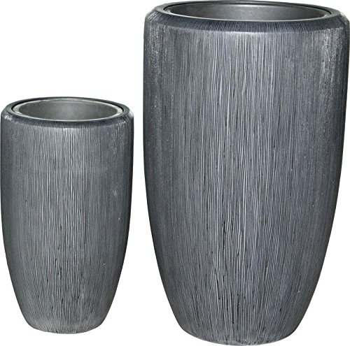 Klocke Dekorationsbedarf Hochwertige Pflanzvasen im 2er Set für Terrasse & Garten - Rillenstruktur – Fiberglas - Mit Einsatz – Innen & Außen – Wetterbeständig & Frostsicher – Vase/Kübel (Dunkelgrau)