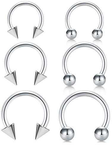 Longita 6PCS 16G Stainless Steel Horseshoe Nose Hoop Rings Eyebrow Lip Ear Rings Tragus Earrings Septum Piercing Ear Helix Cartilage Daith Conch Body Piercing Jewellery Dia 8-12mm-Silver