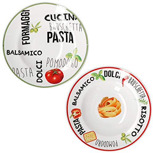 MamboCat Set di 2 piatti per pasta con decorazione I verde e rosso I Ø 26,5 cm I Nudel Piatto I piatto fondo I stoviglie bianche con scritte e motivi colorati