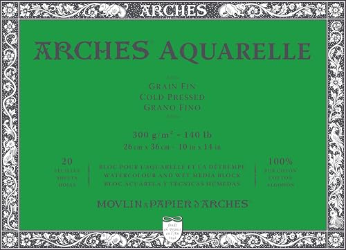 ARCHES Aquarelle – Block mit 20 Blatt 26 x 36 cm, 4 Seiten geleimt, 300 g/m², feine Körnung, naturweiß, 4 Kanten