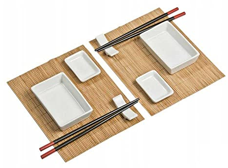 PFG Juego de 10 piezas de sushi – 2 platos de sushi, 2 cuencos de salsa, 2 manteles individuales de bambú, 2 palillos de bambú, 2 pares de palillos – bellamente presentado en caja de regalo