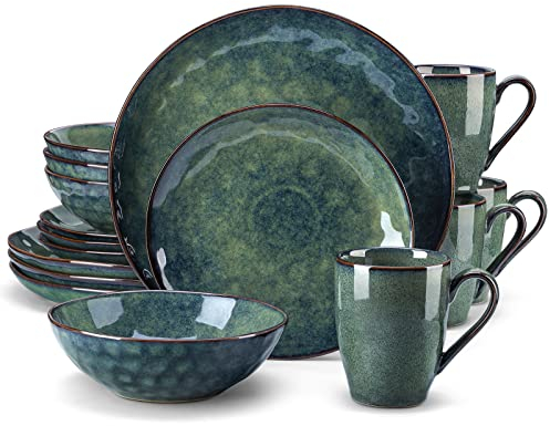 vancasso Dinner Set for 4, Starry Green Dinner Sets, Reactive Glaze Dinnerware Tableware, 16-Piece Dinner Service with 10.5in Dinner Plate, 8.5in Dessert Plate, 720ml Bowl and 360ml Mug