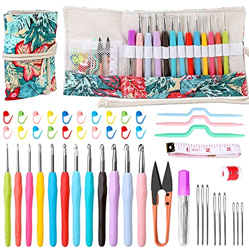 Ruasol Häkelnadeln Set, 12 Größen Ergonomische Häkelnadeln von 2,0 mm bis 8,0 mm, Glatte Stricknadeln mit weichem Griff mit Aufbewahrungstasche, Geeignet für arthritische Hände