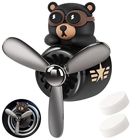 URAQT Bear Pilot Retro Airplane Car Air Freshener, Car Vent Clip on Air Freshener with 2pcs Fragrance Tablets, Personalised Air Outlet Vent Car Accessories with Rotating Propeller for Car, Fan(Black)