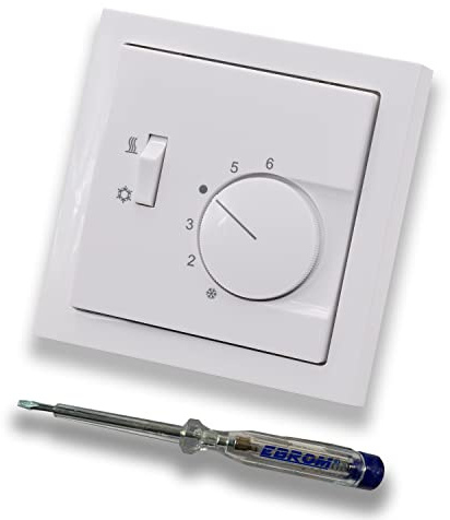Halmburger Raumthermostat Raumtemperaturregler RTR-6223sg mit Umschalter Heizen/Kühlen, Busch Jäger Future Linear Studioweiß glänzend Rahmen + EBROM Phasenprüfer zur Montage des Geräts RTR-6223 (sg)