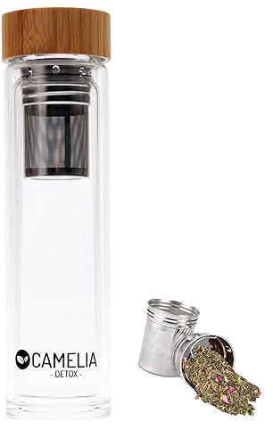 Bouteille à thé avec infuseur en verre paroi double | Gourde avec filtre théière en acier inoxydable | Gobelet à thé pour infusion - Bouchon en Bambou - Tasse à Thé Detox, Tisane, Café - 500ml