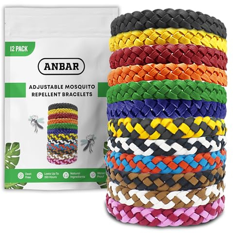 Anbar Leather Mosquito Repellent Bracelets for Adults and , 12 Pack, Deet Free, All-Natural Anti-Mosquito, Tick, and Insect Essential Oils, 300-Hour Waterproof Outdoor Protection (Mixed), 12.0 count