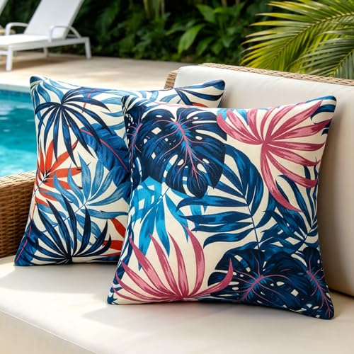 Exterieur Housses de Coussin 40x40 CM Imperméable Housse de Coussin Housse Coussin Feuille de Monstera Bleu Lin pour Salon Patio Jardin Canapé Coussin Decoration Lot de 2