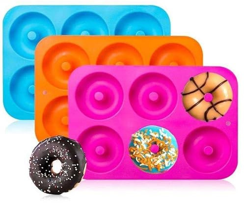 Onlineforu lTD Donut-Form aus lebensmittelechtem Silikon, antihaftbeschichtet, 6 Mulden, Farbe kann variieren, 3 Stück