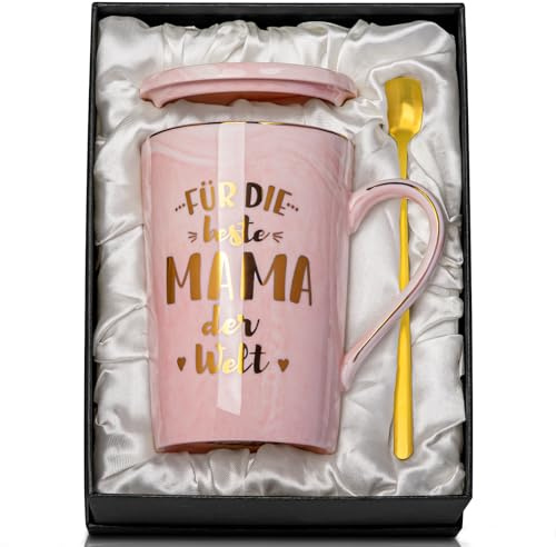 Biching Mama Geschenk Geburtstagsgeschenk für Mama 400ml Keramik Tasse | Marmortasse aus Keramik, mit Deckel, Löffel, Grußkarte und Geschenkbox, ideal zum Muttertag, Geburtstag und Weihnachten
