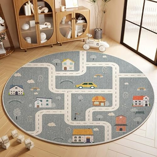 Viusneun Teppiche, rutschfeste Waschbar Kinderteppich Pädagogischer Spielteppich Runder Kristall Samt Teppich für Babyzimmer Kleinkinderzimmer Wohnzimmer (Straßen,100 x 100 cm)