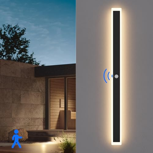 Klighten LED Lange Wandleuchte Außen/Innen Wandlampe, 120CM/35W Außenwandleuchte mit Bewegungsmelder, IP65 Außenlampe Edelstahl+Acryl, Außenleuchte für Villa/Terasse, Warmweiß 3000K, Schwarz