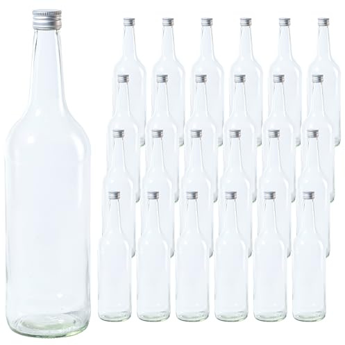 Vitrea 24 leere Glasflaschen 1 Liter Schraubverschluss Silber - große Flaschen zum Befüllen mit Deckel - für Wein, Saft, Getränke, Likör, Öl, Saucen - 24 Stück, PP28, Gradhals
