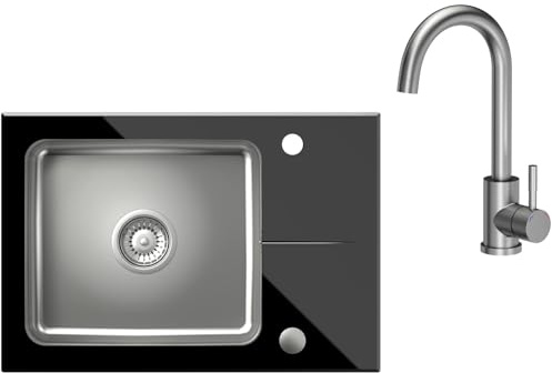 VBChome Küchenspüle aus Glas mit Armatur 64 x 44 cm Schwarz Einzelbecken Glasplatte Becken aus Stahl Rechteckig Siphon Einbaubecken Gesprenkelt Großes Tiefes Becken