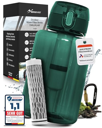 BERGKVIST® Bottiglia con filtro per acqua da esterno FJÄLLKLAR (1 l) - borraccia da 1 litro con filtro di AHLSTROM® per acqua potabile pulita per campeggio, escursioni e sopravvivenza - Verde
