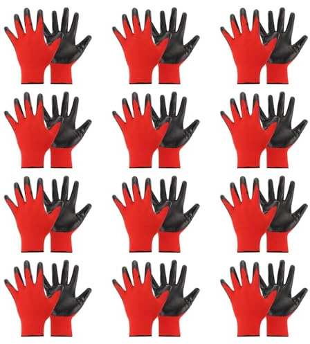 PATIKIL 12 Pairs Safety Work Gloves Nitrile Coated Work Glove Mechanic Working Glove Polyurethane Coated Smooth Glove for Warehouse Construction Gardening, Black Red