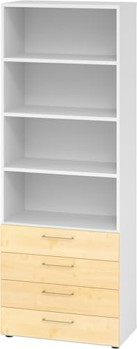 bümö smart Schubladenschrank, Büroschrank 80cm breit in Weiß/Ahorn mit 4 Schüben & 4 Regalfächern - Bürocontainer aus Holz, Container mit Metallgriffen & Soft-Stop Schubladen