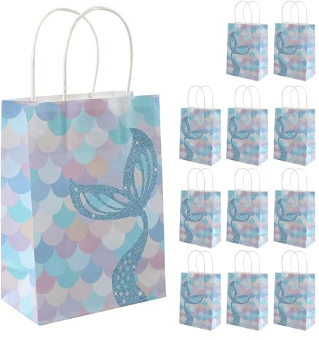 12 st sjöjungfru presentpåsar papper, kraftpapper festpåsar, sjöjungfru fest godispåsar, fest favoritväskor med handtag, färgglada presentpåsar, godispåsar presentpåsar, gåvor sötsaker väskor för