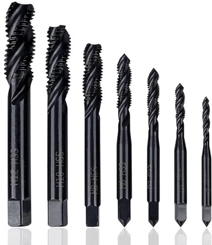 KEWAYO 7 Stück Gewindebohrer Set, HSS 6542 Nitrieren Metrisch Spiralnutbohrer, Maschinengewindebohrer Gewindebohrer Satz M3 M4 M5 M6 M8 M10 M12 für Metall Holz Bohrer