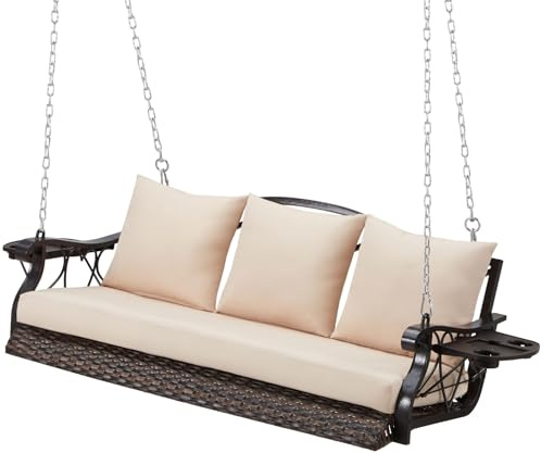 ZZW 3-Person Wicker Porch Swing Chair Heavy Duty 900 LBS Outdoor Rattan Patio Swing Chair w/Cup-Holder & Steel Chains Hanging Bench Porch Swing Cushions for Deck & Backyard & Garden