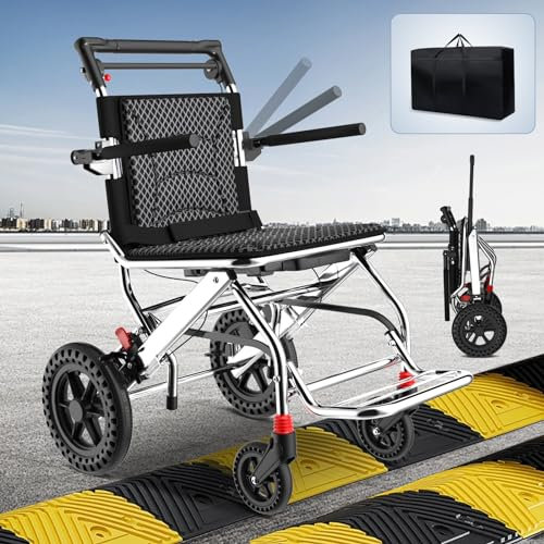KOSHSH Rollstuhl, Transportrollstuhl für Erwachsene,Faltbar Leichter Tragbarer Rollstuhl für Senioren,Ultraleicht Transportrollstühle mit Deichsel/Tragetasche Für Die Wohnung Und Unterwegs