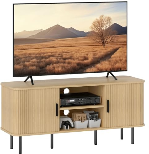 HOMCOM Meuble TV 2 Portes à Lamelles 120 cm Ton Chêne pour TV 55