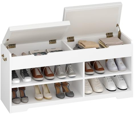Hzuaneri Schuhbank, Schuhregal mit 2 gepolsterten Regalbänken, multifunktional, für Wohnzimmer, Flur, Schlafzimmer, 150 kg, 30 x 105 x 48 cm, weiß SB11403X
