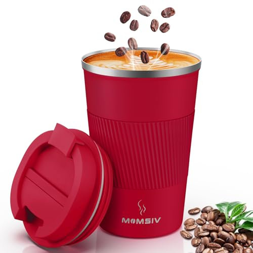 MOMSIV Thermobecher Isolierbecher, 13oz/380ml Rutschfest Edelstahl Travel Mug, Kaffeebecher aus Doppelwandig isoliert Vakuum auslaufsicher Reisebecher mit Deckel Kaffee-to-go Becher, Rot