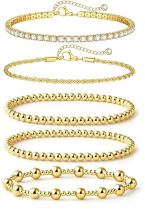 Milacolato Goldvergolder Elastischer Perlenarmband Set - Wasserdichtes Tennisarmband mit Verstellbaren Armbändern