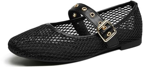 hingswink Mary Jane Shoes Women Square Toe Ballet Flats,MeshBlack9