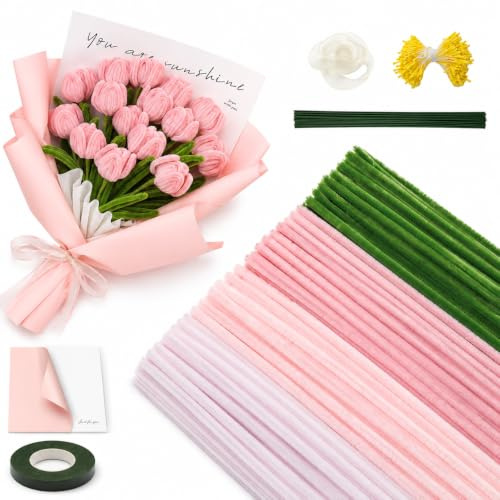 400 stycken rosa piprensare blomset (4 färger), 400 stycken piprengörare för hantverk med 20 gröna blomstavar, tejp, blompapper, presentband och blomstämplar för blommor pyssel & gör-det-själv