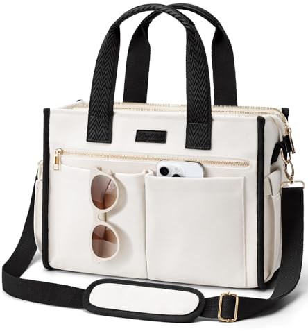 Borsa a tracolla da donna, in tela, con 15 tasche, grande, per bibbia, computer portatile, con cerniera, per insegnanti, lavoro, viaggi, università, M2. nero e bianco, Medium-14inch, Moda
