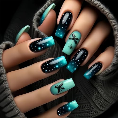 Shimmerz 24 Pièces Autocollants Ongles Vert Foncé Dégradé, Longueur Longue Motifs Papillon Faux Ongles, Ongles Carré Style Cercueil Brillant pour Femmes