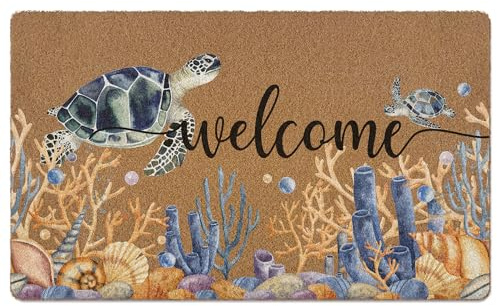 XLDLIOO Beach Welcome Door Mat, Coastal Doormat, Sea Turtle Coral Welcome Front Door Mat Indoor Outdoor Entrance, Ocean Artificial Coir Doormats Rugs for Porch Patio Entryway Home Room Decor 30x17in